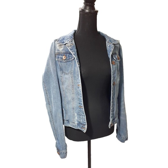 Cisono Denim Jacket Women's Medium   Blue Solid Long Sleeves distressed #1 - Picture 1 of 8